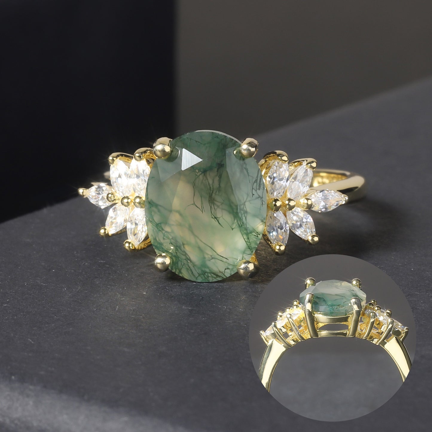 Anello di fidanzamento in agata muschiata in argento sterling placcato oro 18k, realizzato a mano da Kemstone, dal design originale.