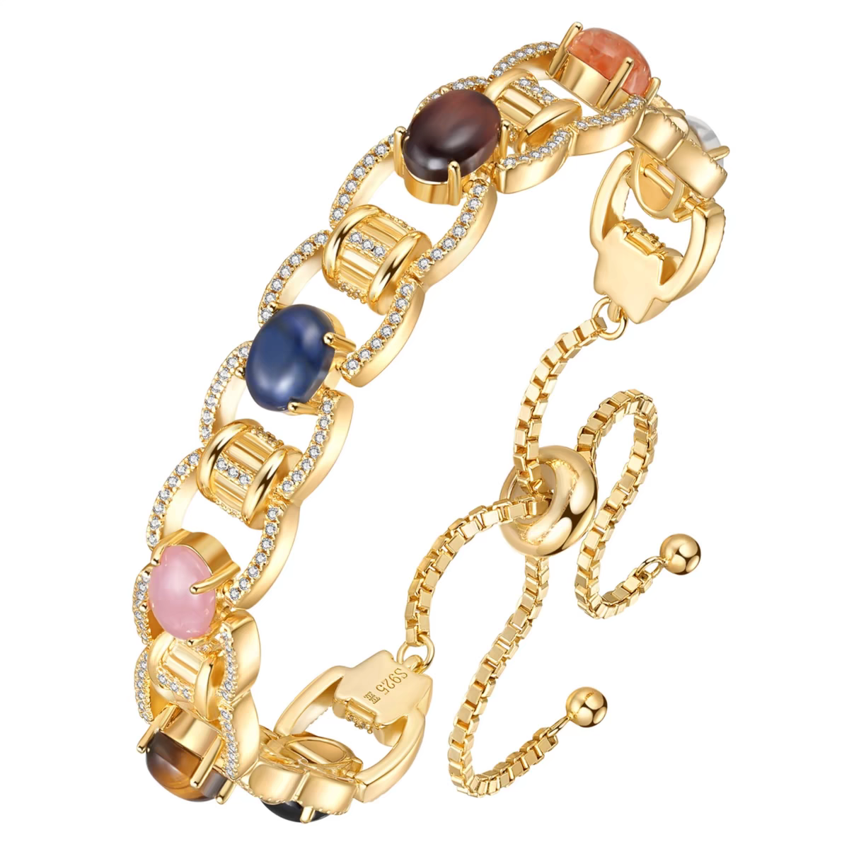 Kemstone Resonance of Gemstones Bracelet – Vintage 925 Sterling Silver Adjustable Cuff with Natural Stone Inlays