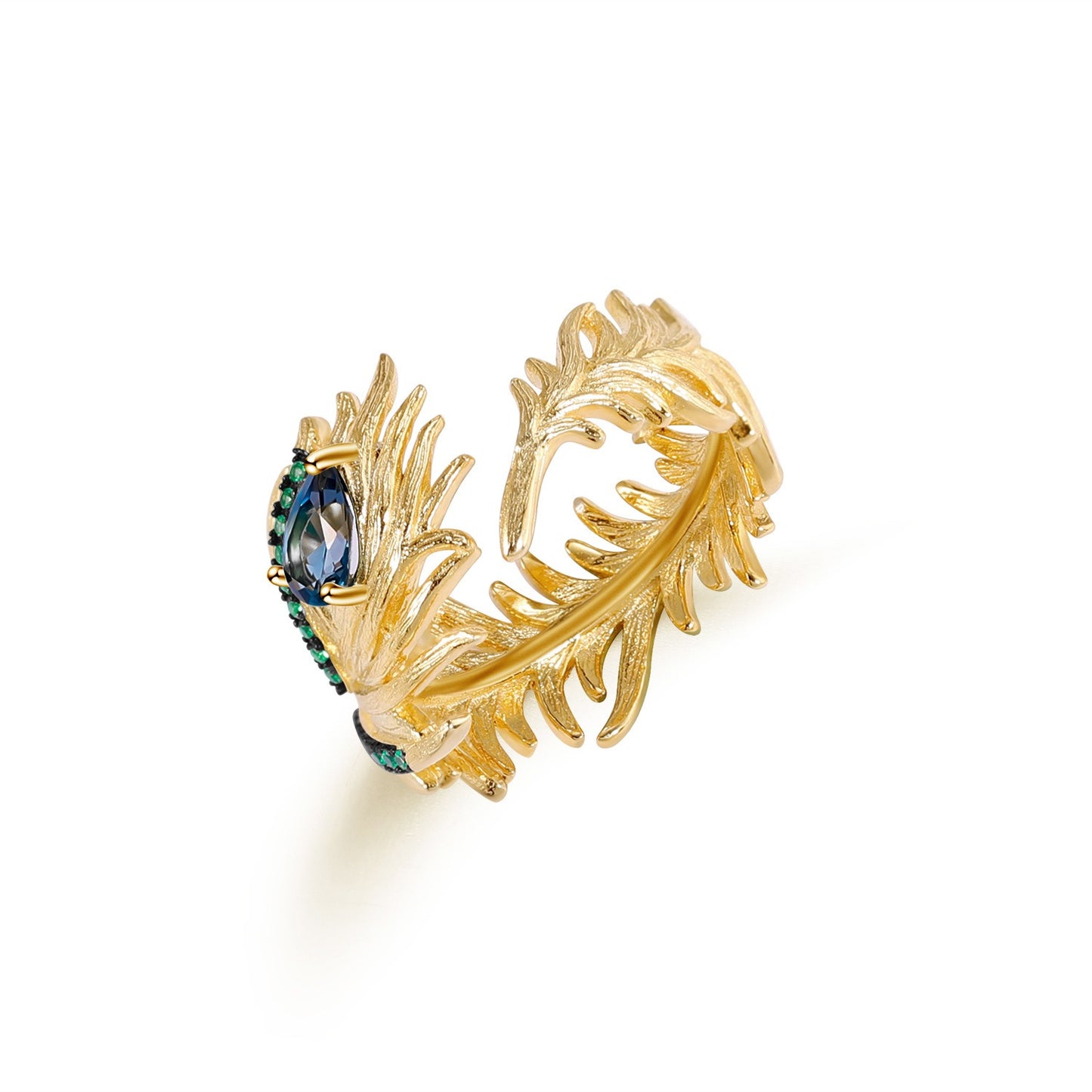 Anillo abierto ajustable con pluma de topacio azul Londres natural, diseño original, hecho a mano por Kemstone