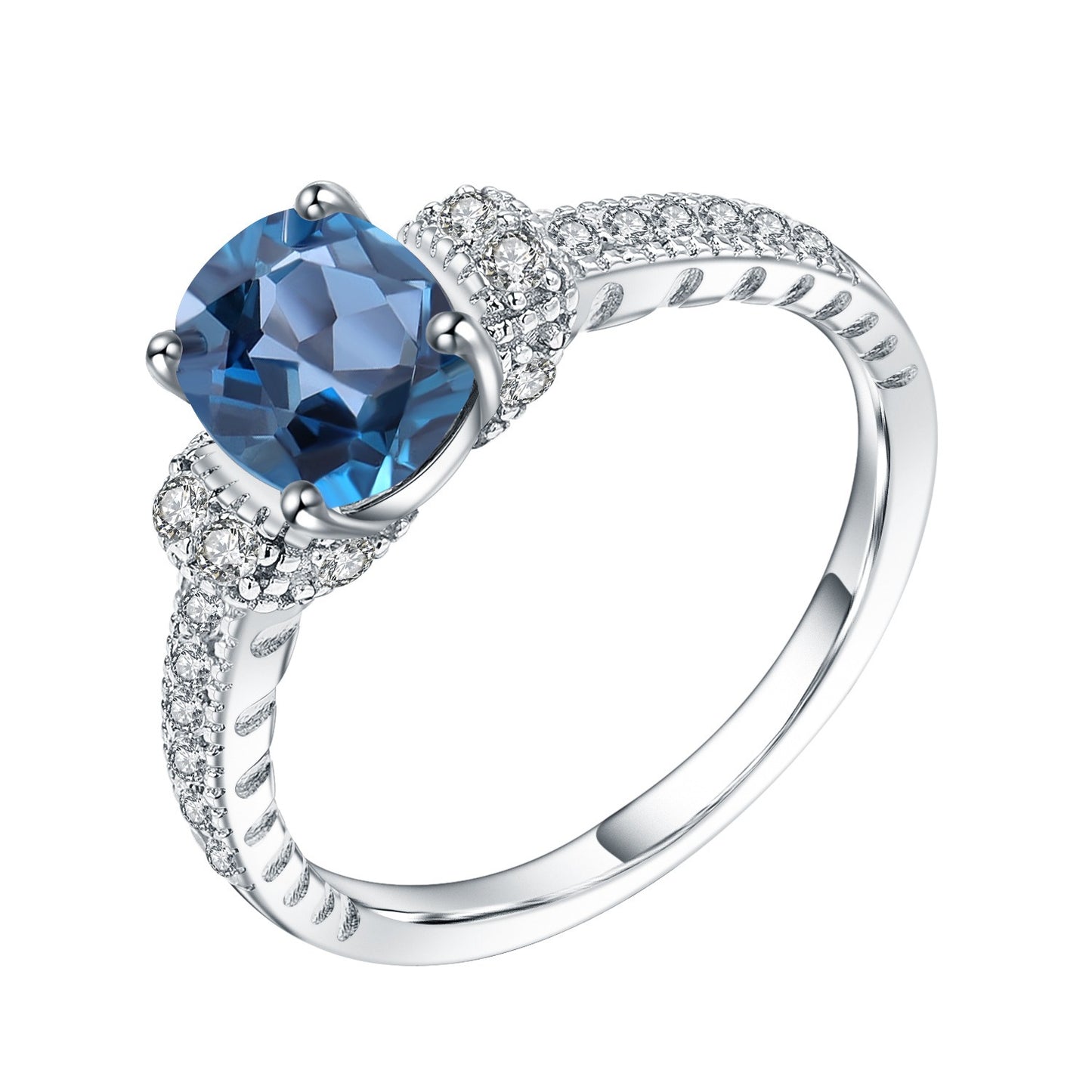 Anillo de topacio azul de Londres de 1,57 ct, diseño original artesanal de Kemstone, en plata de ley S925 con circonita cúbica para mujer.