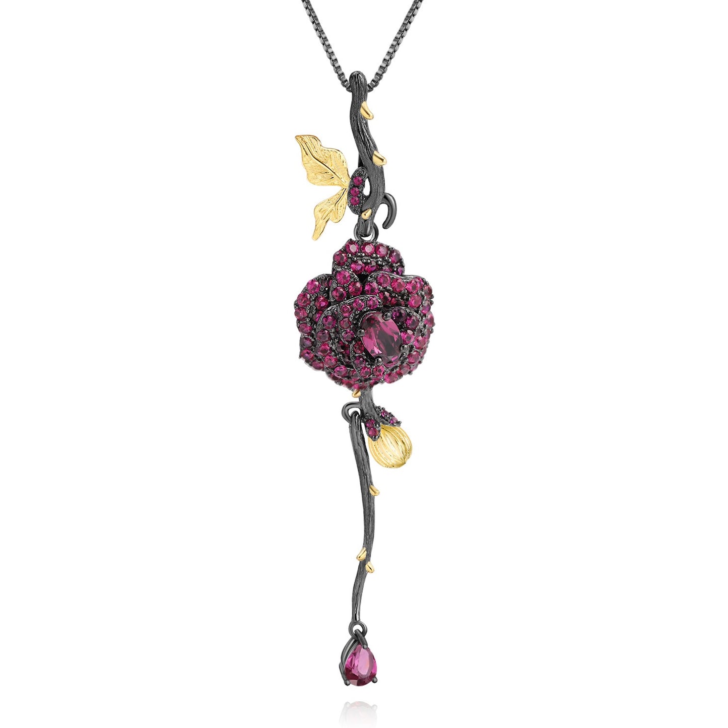 Collar con colgante de rosa de plata de ley S925, diseño original artesanal de Kemstone, con múltiples piedras preciosas, 45,7 cm