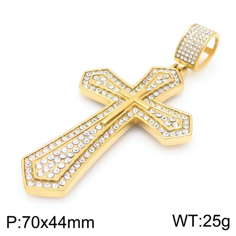 Kemstone Titanium Steel Gold Dual Cross Pendant Necklace – Hip Hop Cubic Zirconia Hollow Design KP130467