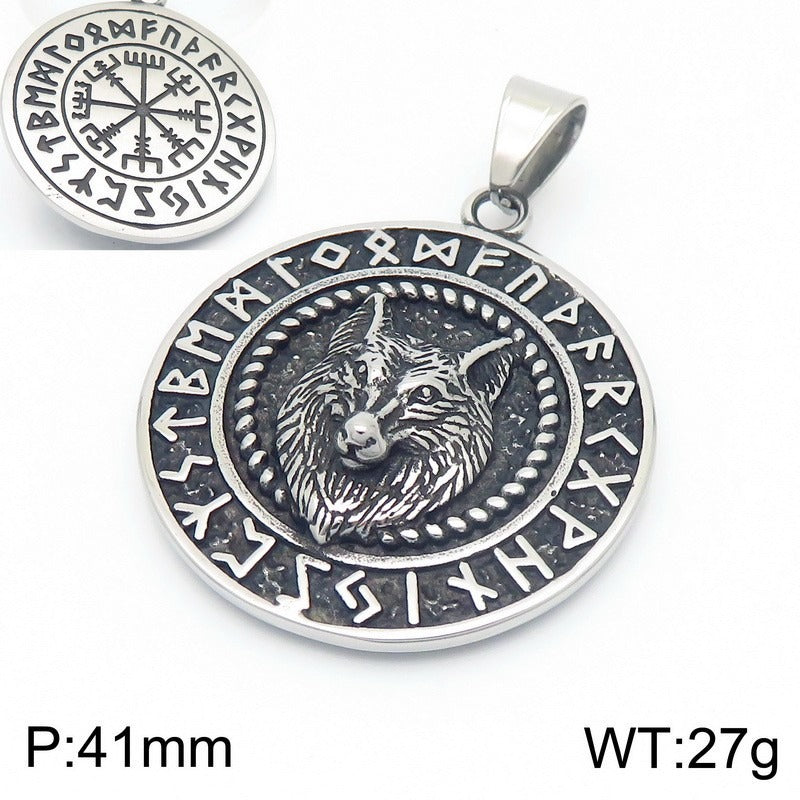 Collar de acero de titanio envejecido con diseño de doble cara de runas vikingas de Kemstone, con diseño de rey lobo y pico de águila, para hombre, con un toque retro de elegancia robusta KP116179-MZOZ