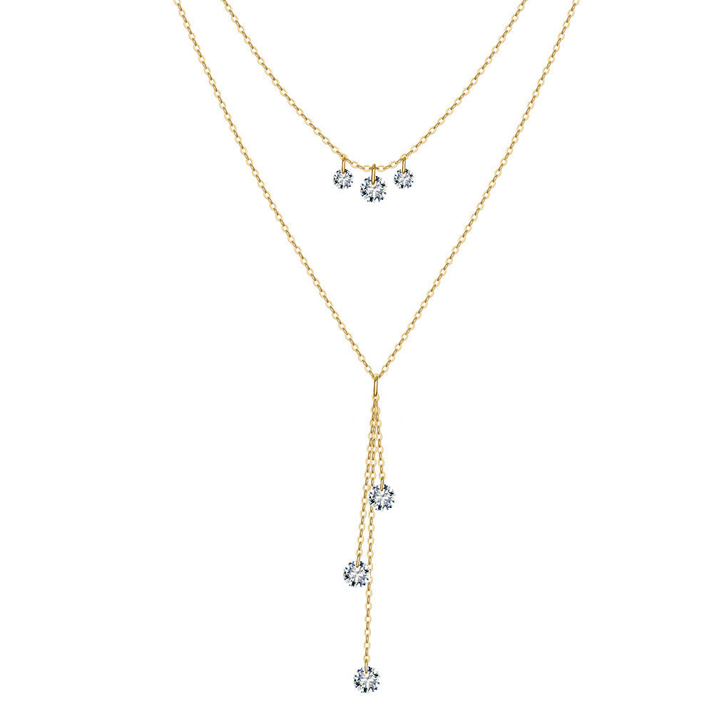 Kemstone Layered 925 Sterling Silver Necklace – Gold & Silver Adjustable Cubic Zirconia Y Pendant Jewelry for Women A4-BQN20