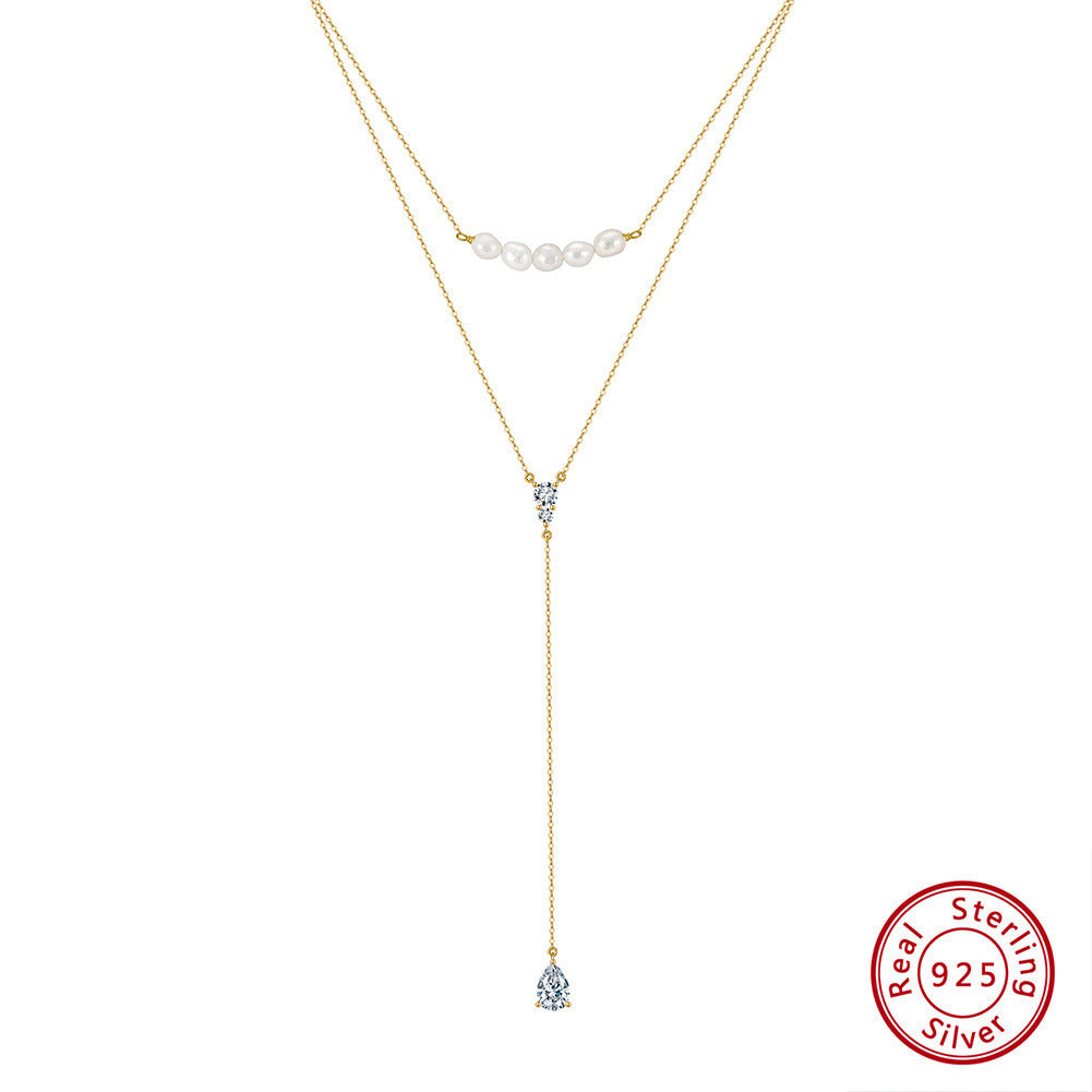 Kemstone Layered Y Lariat Necklace for Women – 925 Sterling Silver, Pearl & Cubic Zirconia, Adjustable Gold/Silver Chain A4-BQN13