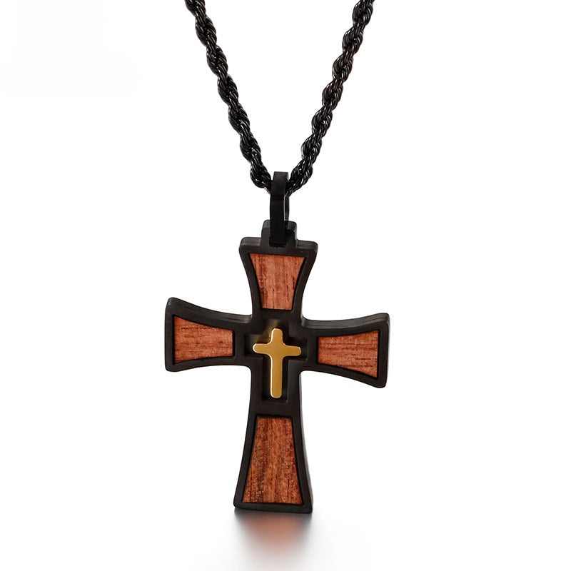 Kemstone Layered Stainless Steel & Wood Cross Pendant – Gothic Totem Necklace KP93475