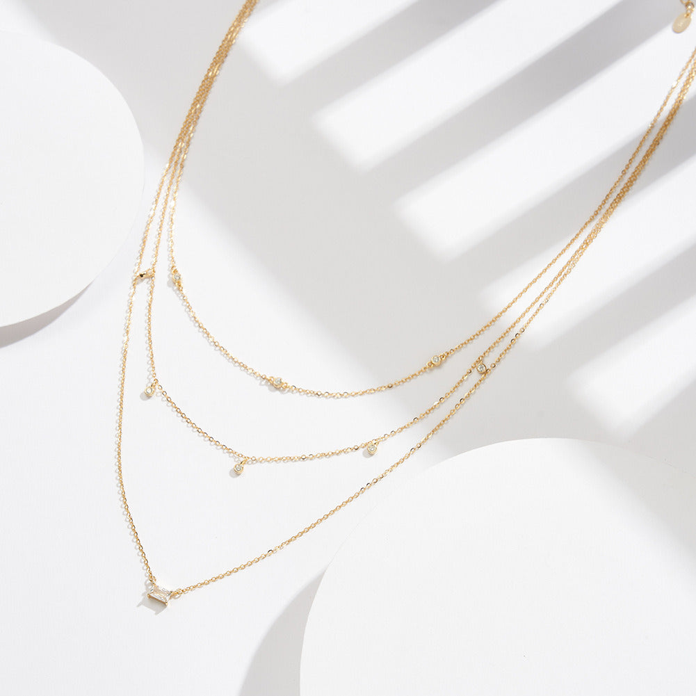 Kemstone S925 Sterling Silver Triple Layer Geometric CZ Necklace for Women – Dainty Layered Clavicle Chain, Silver & Gold A4-BQN10