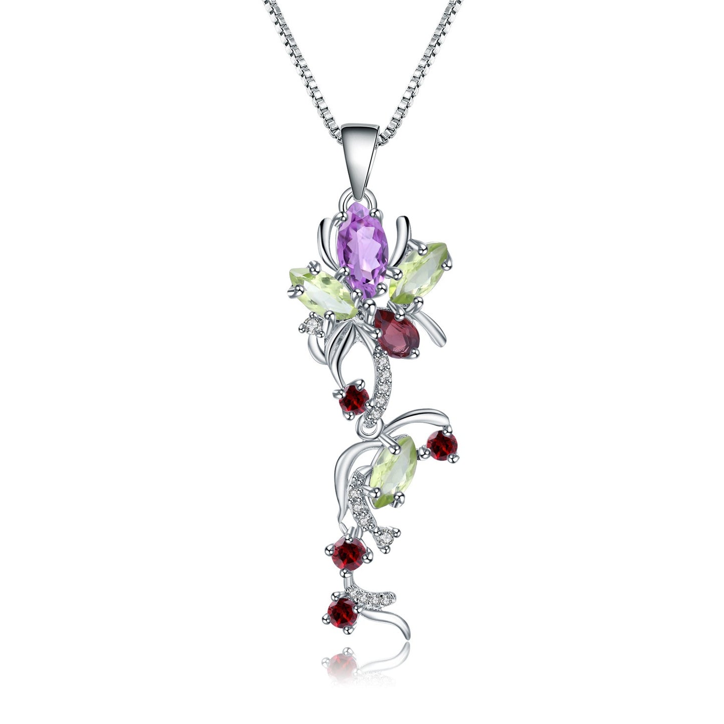 Collar de plata de ley con colgante de lirio de los valles, amatista, peridoto, granate y circonita, diseño original artesanal de Kemstone para mujer, 45,7 cm
