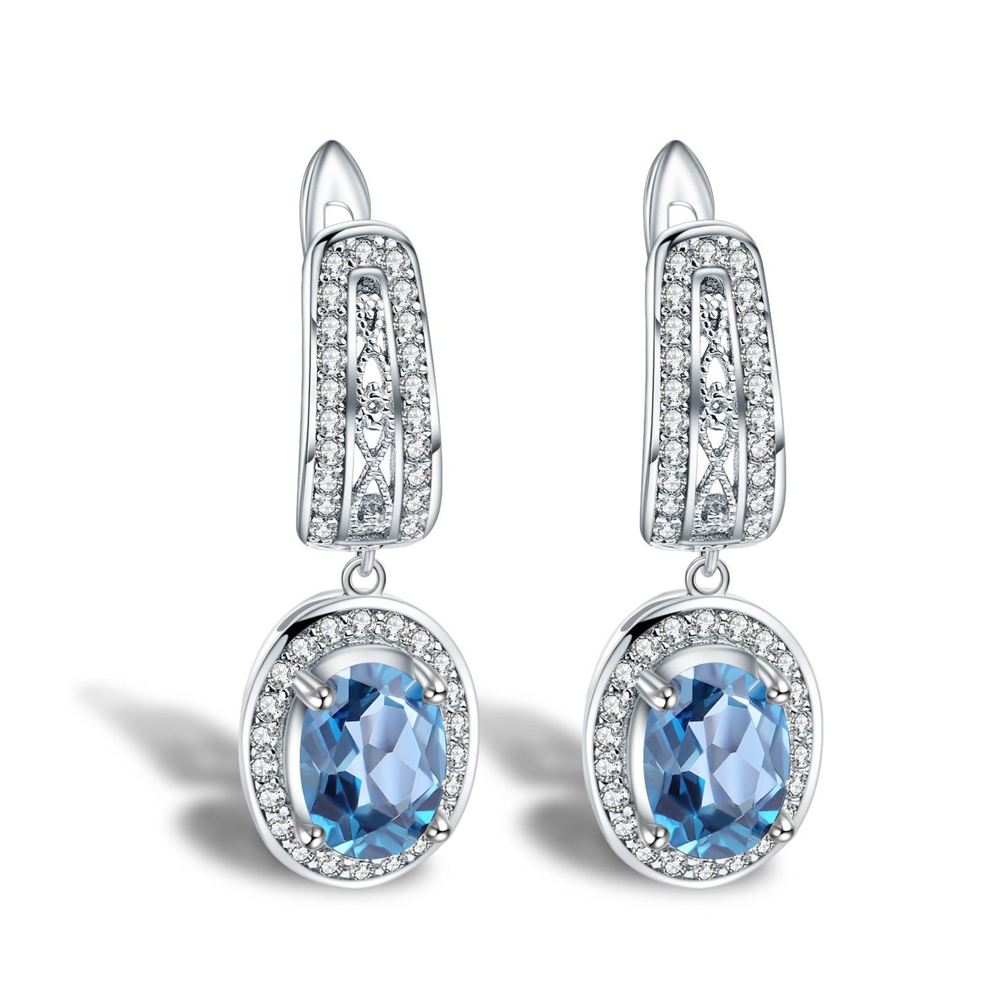Pendientes colgantes elegantes de topacio azul Londres natural, diseño original, hechos a mano por Kemstone | Plata de ley 925, K23614E