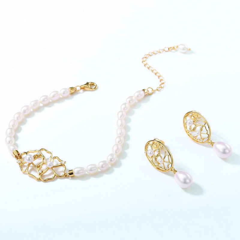 Pendientes largos de perlas de plata S925, elegantes y originales, hechos a mano por Kemstone - Diseño hueco de lujo