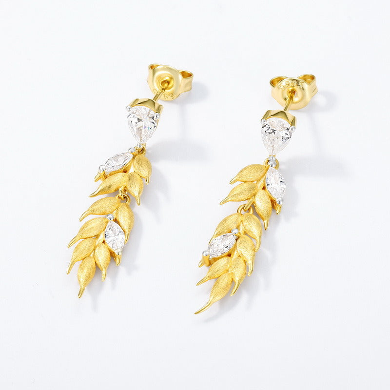 Kemstone 925 Sterling Silver Gold-Plated Wheat Tassel Earrings – Handmade Brushed Drop Earrings with Cubic Zirconia for Women