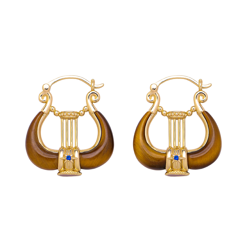Pendientes de aro vintage Kemstone "Lyra Muse" de ojo de tigre y ágata roja, plata de ley 925 con baño de oro RSY-LLQ394