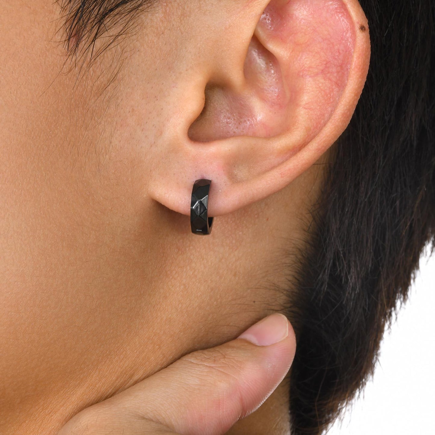 Kemstone Men’s Stainless Steel Hoop Earring – Faceted Punk Style in Black, Silver, Gold EH-552