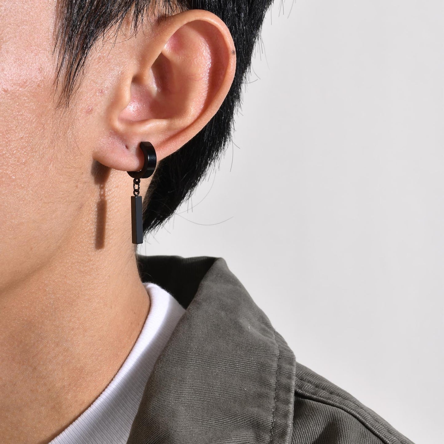 Kemstone Men's Geometric Bar Drop Earrings – Stainless Steel Hoop & Clip-On, Gothic Punk Street Style in Black & Silver ED-659