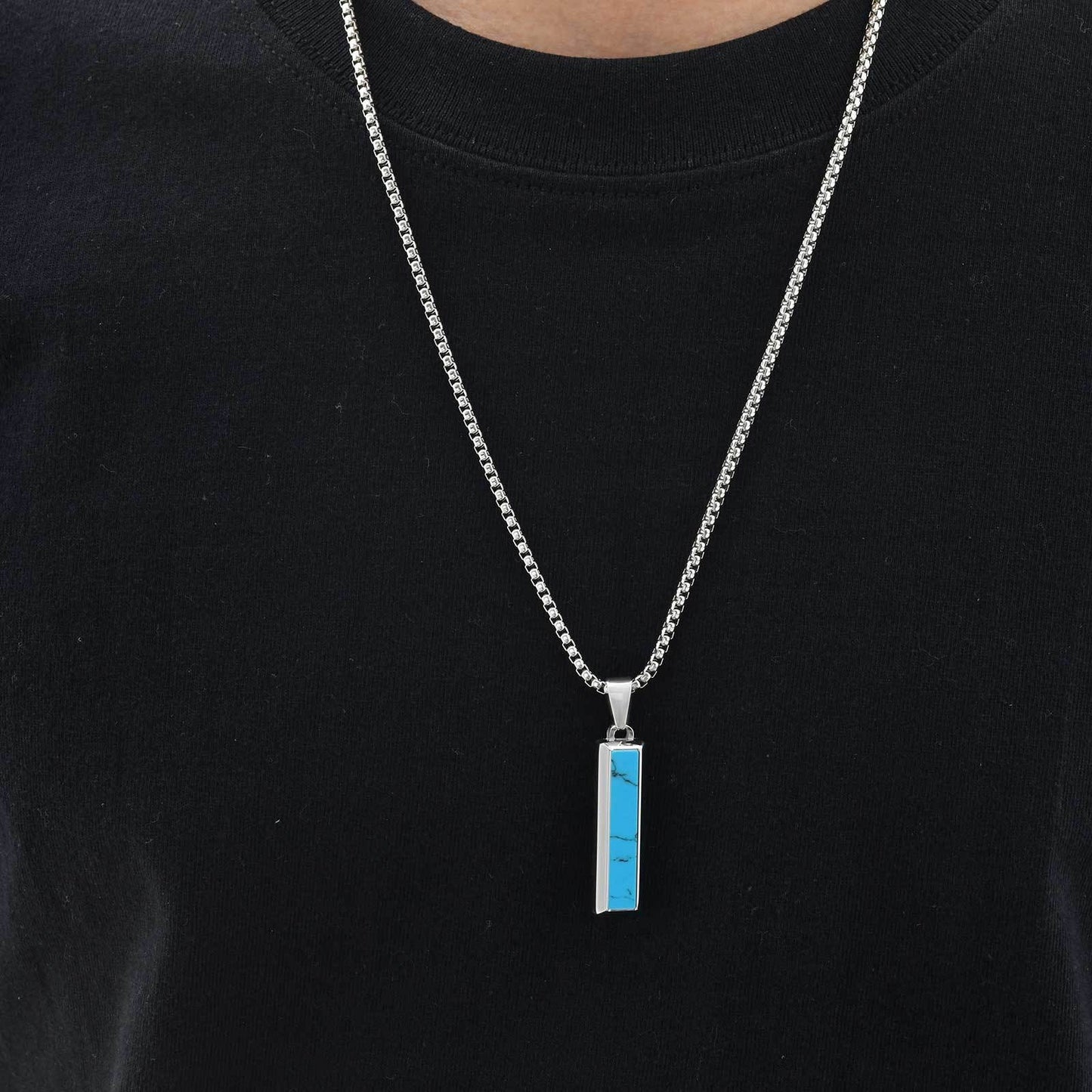 Kemstone Stainless Steel Geometric Bar Pendant Necklace for Men with Onyx or Turquoise PN-2221