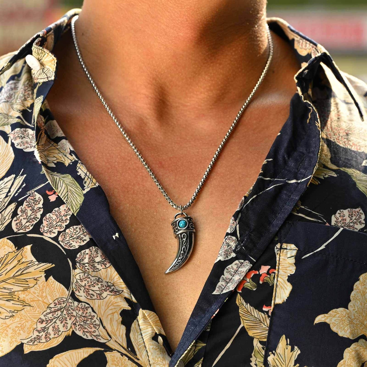 Kemstone Stainless Steel Horn Pendant Necklace – Vintage Turquoise Tribal Design for Men PN-2233