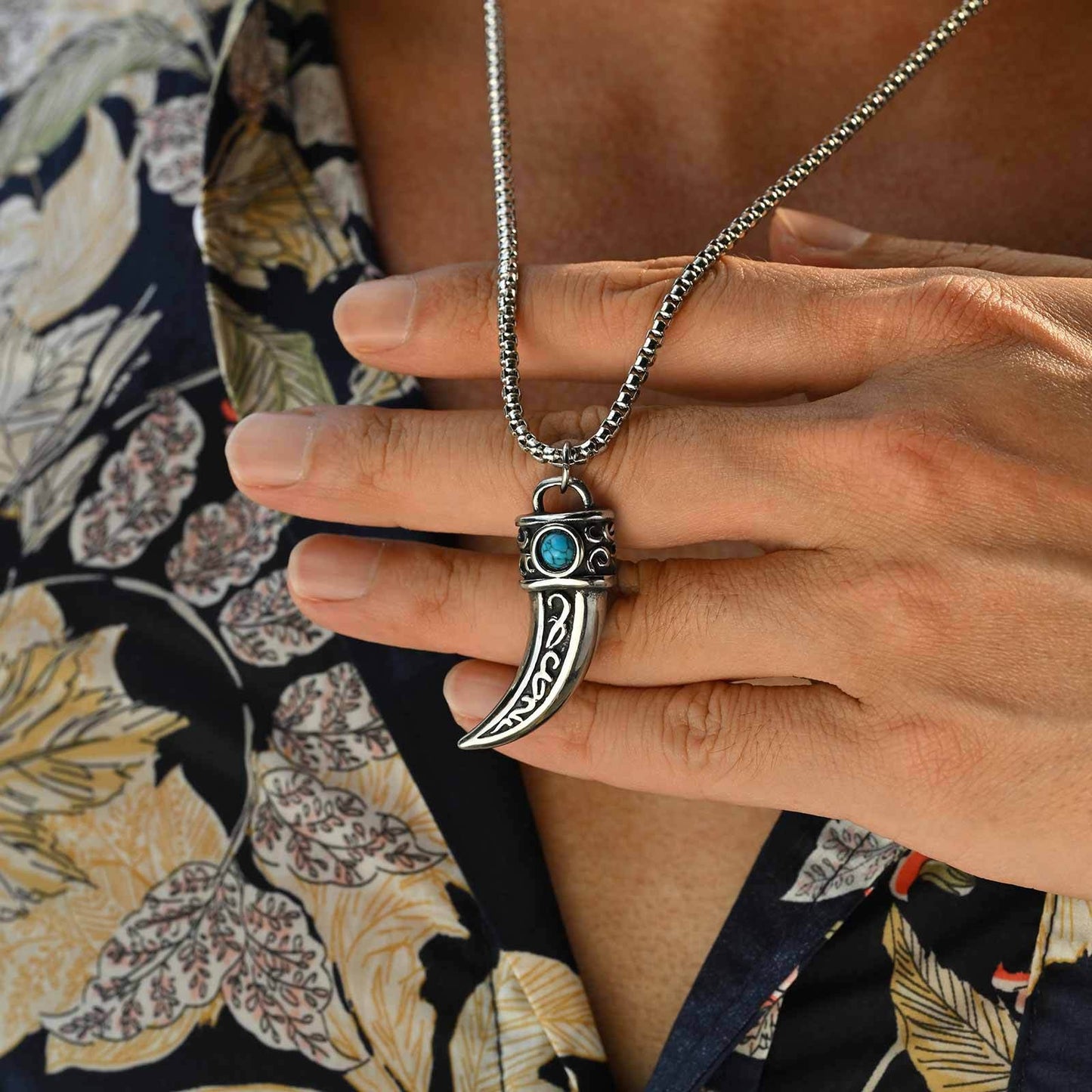 Kemstone Stainless Steel Horn Pendant Necklace – Vintage Turquoise Tribal Design for Men PN-2233
