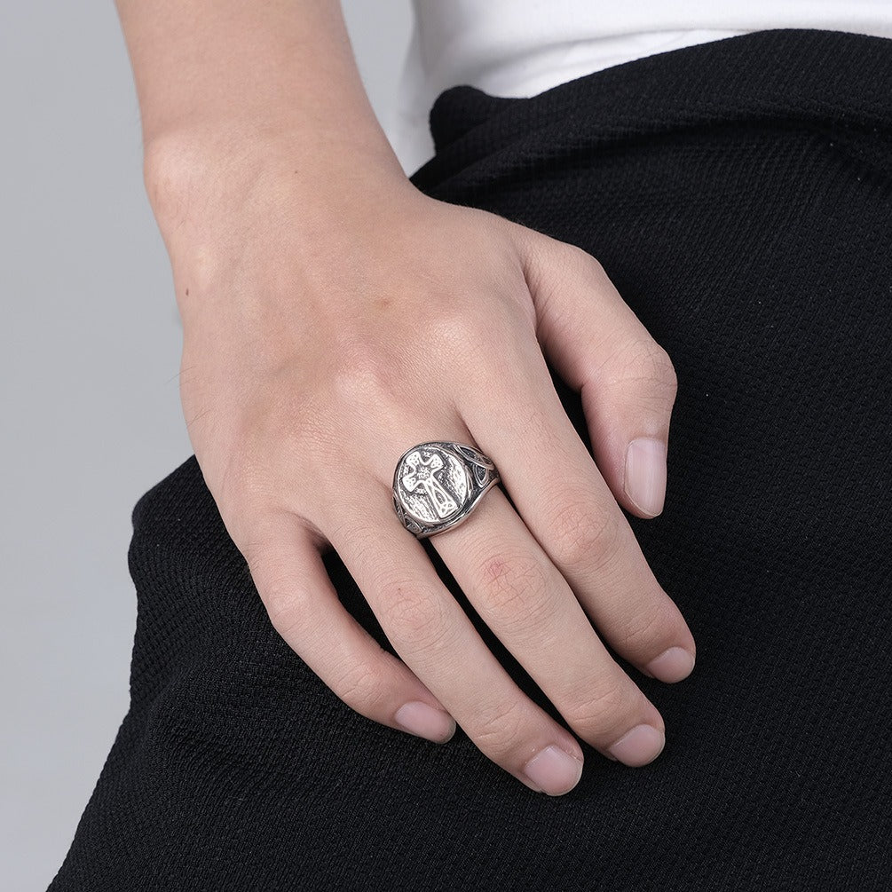 Kemstone Men’s Titanium Steel Celtic Cross Ring – Eternal Knot Design K-R647