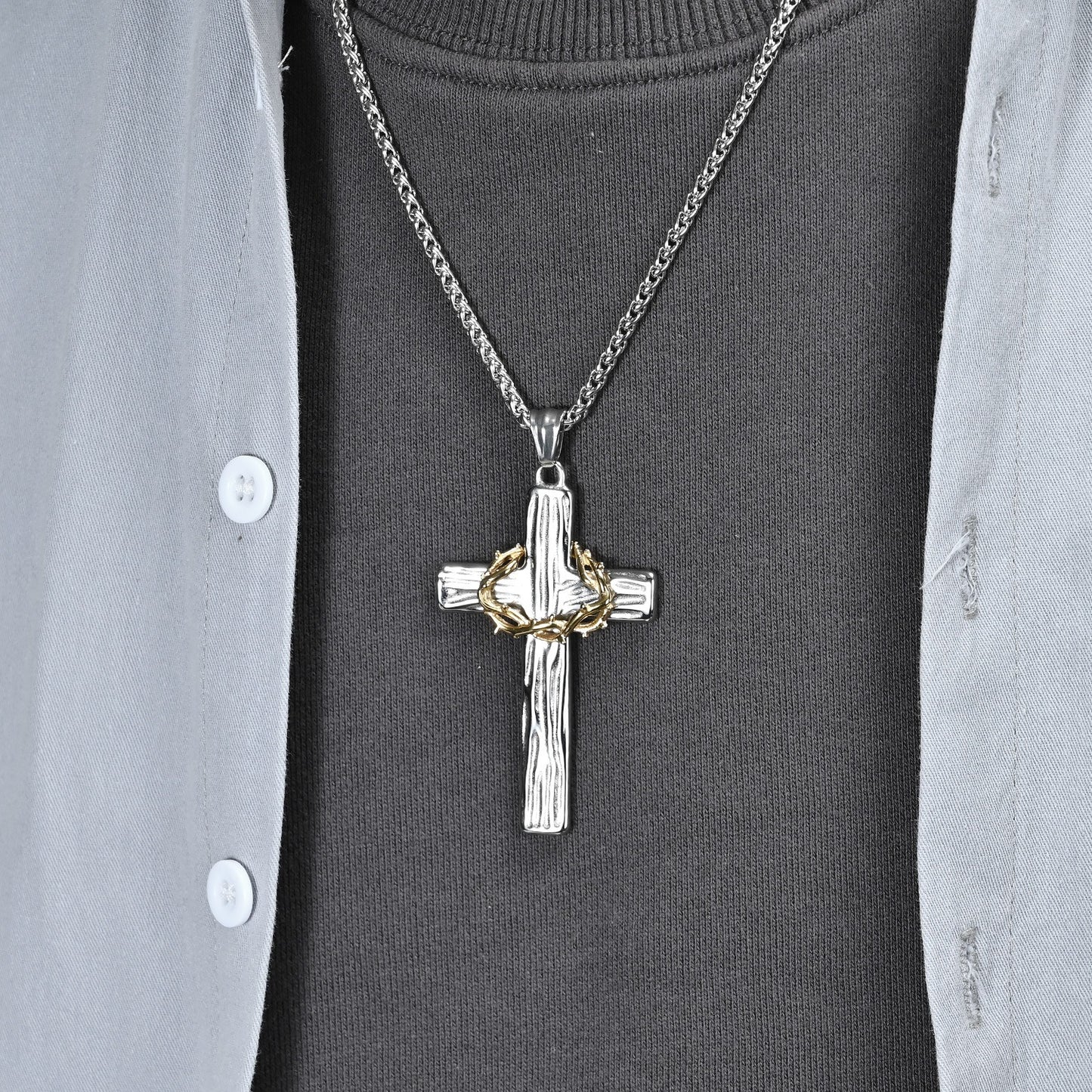 Kemstone Men’s Titanium Steel Cross Necklace – Vintage Wreath Pendant K-PT530