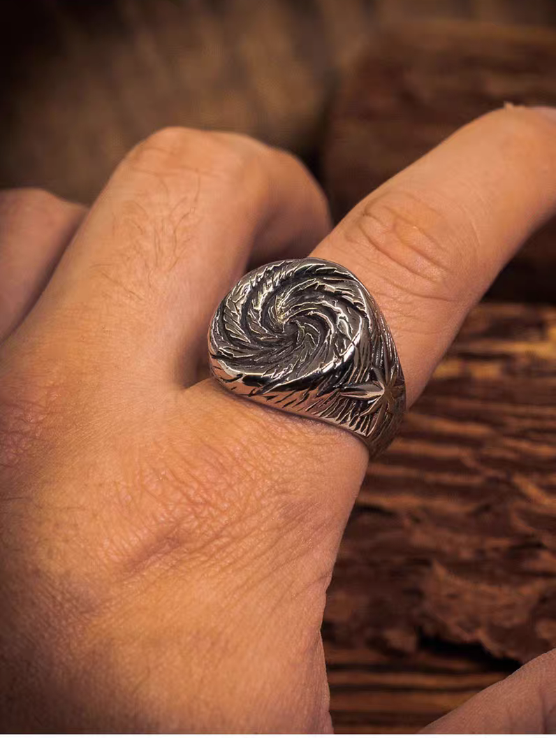 Kemstone Men’s Spiral Star Ring – Titanium Steel Wide Band, Vintage Street Style Jewelry NW-JZ120