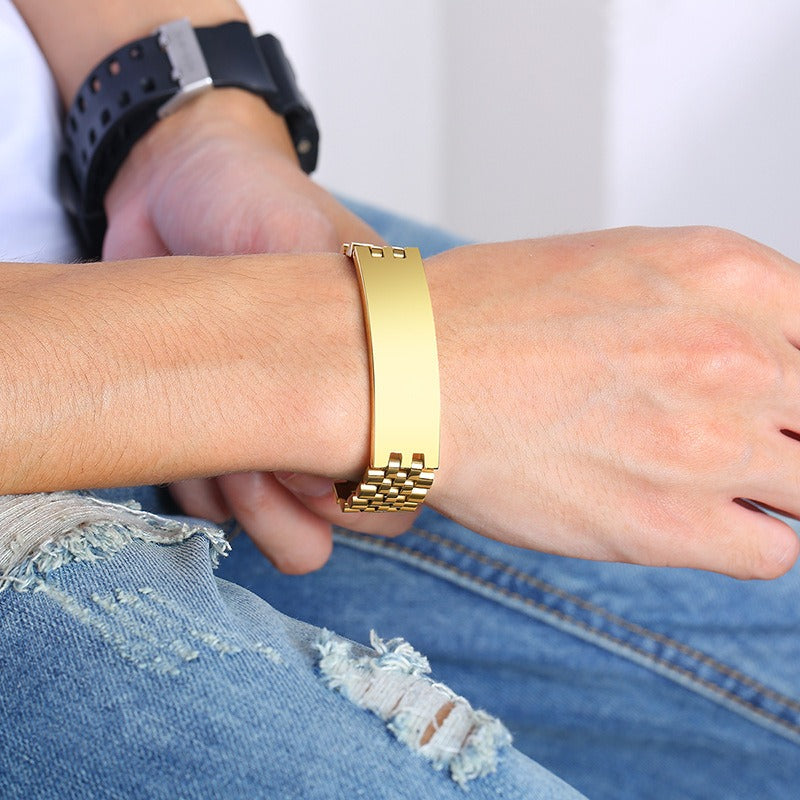 Kemstone Stainless Steel ID Bracelet – Heavy Chain 21.5cm, Gold/Silver/Black, High Polish Engraving Plate BR-697