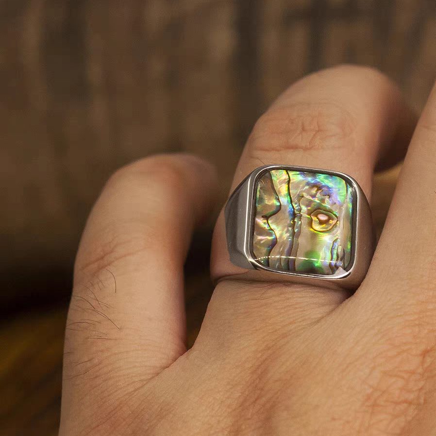 Kemstone Vintage Titanium Steel Ring for Men with Abalone Shell Inlay - Square Design NW-JZ111