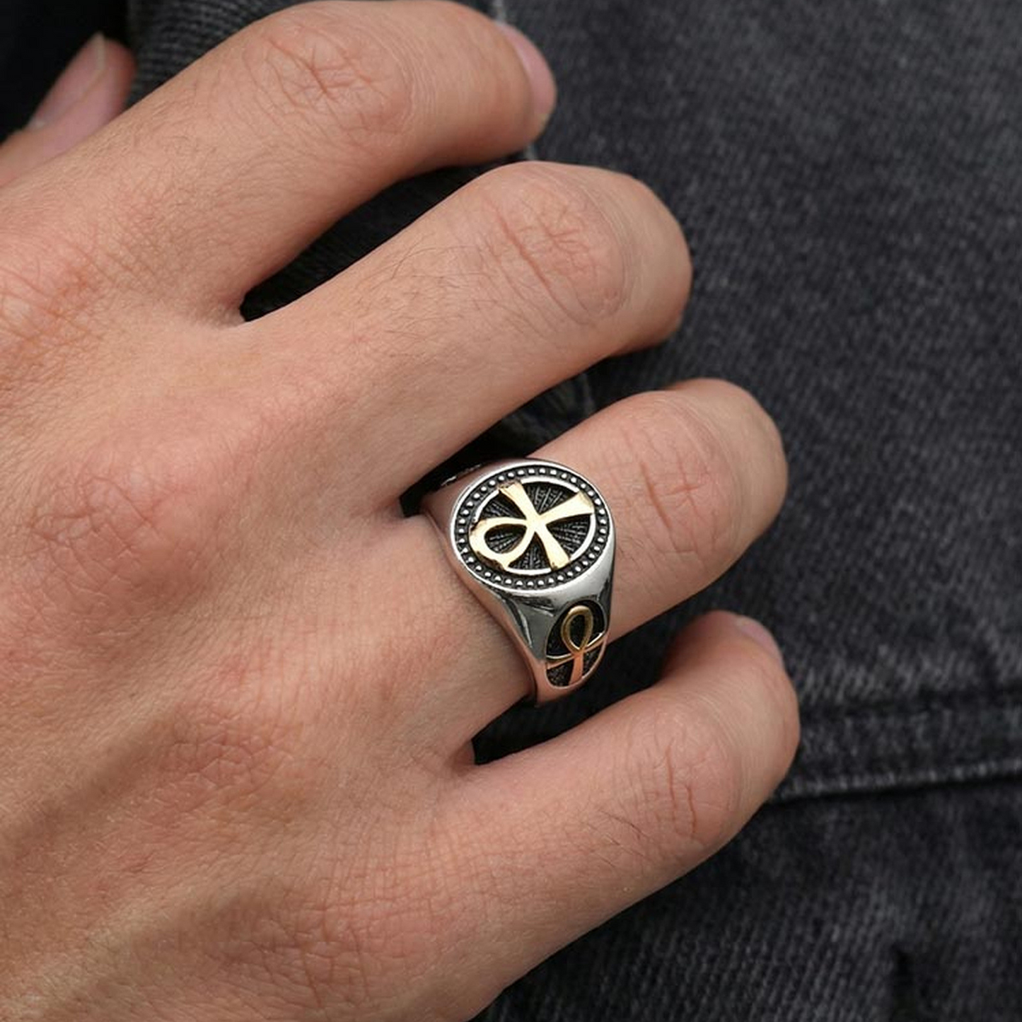 Kemstone Stainless Steel Vintage Ankh Cross Ring for Men – Retro Egyptian Design RC-1087