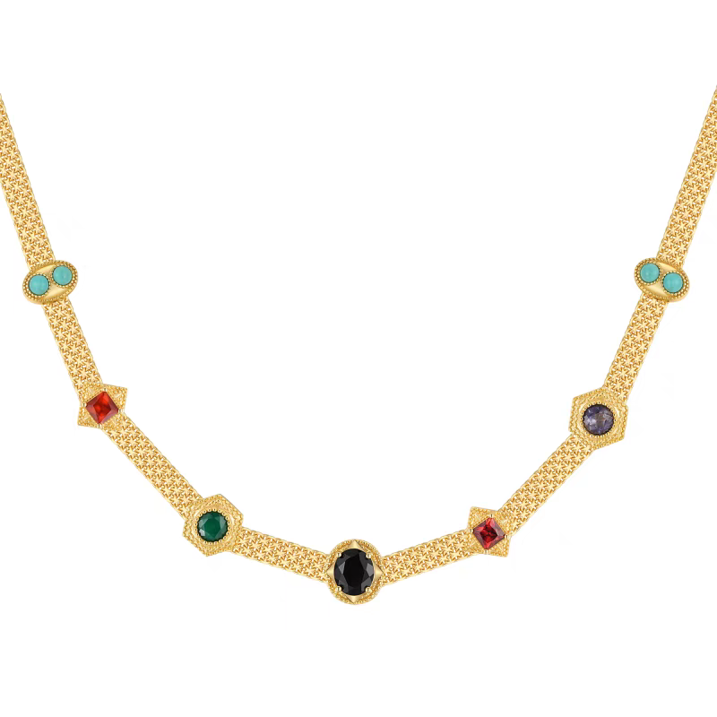 Collar de gemas medievales de diseño original hecho a mano por Kemstone: gargantilla de plata de ley 925 con ónix natural, granate y turquesa, pieza ajustable de estilo vintage.