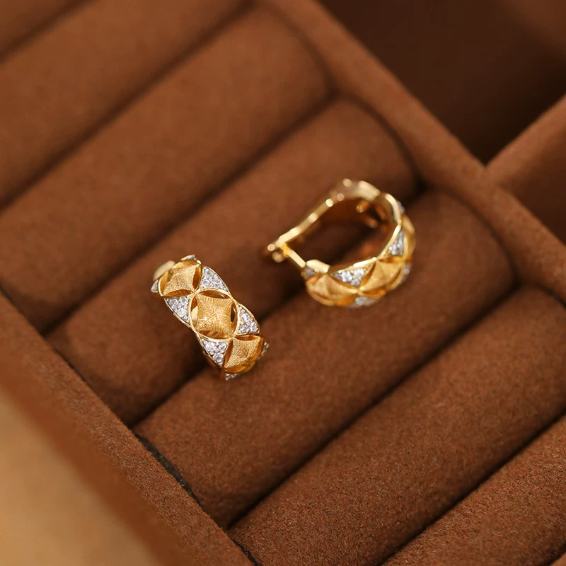 Pendientes de aro vintage estilo italiano de plata de ley 925 bañados en oro para mujer con circonita blanca NWE-0512286