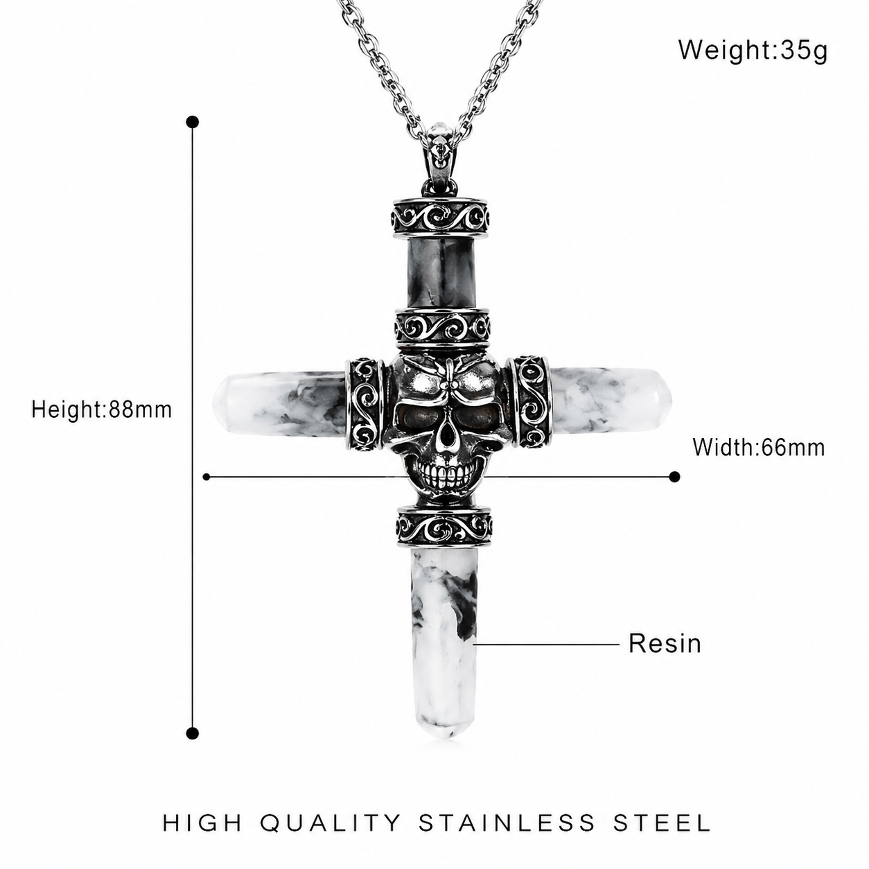 Kemston Titanium Steel Skull Cross Pendant Necklace for Men Gothic Resin Inlay Chain KP42893-BD