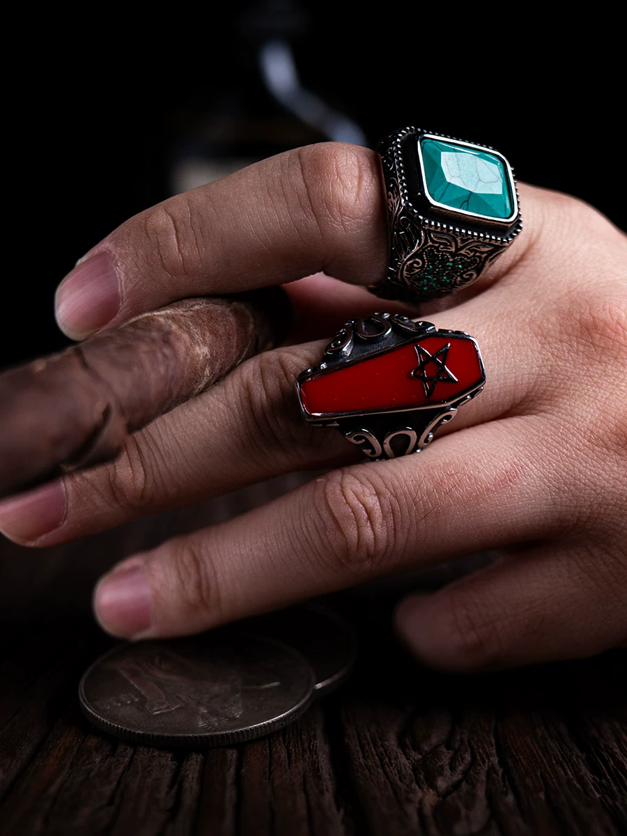 Kemstone Emerald Valor Titanium Steel Men’s Ring – Medieval Green Stone with Zirconia Accents
