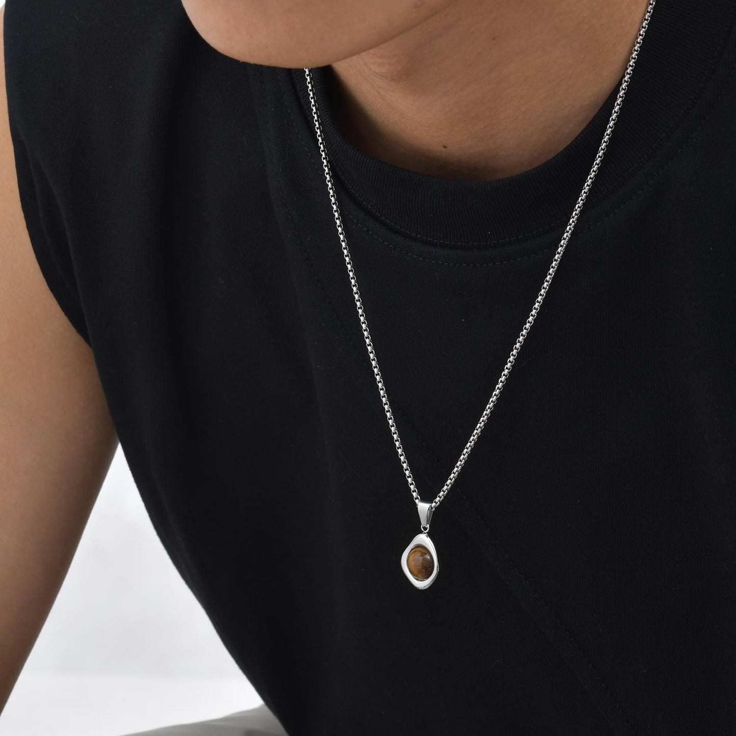 Kemstone Men’s Stainless Steel Pendant Necklace – Irregular Tiger Eye Onyx PN-2189