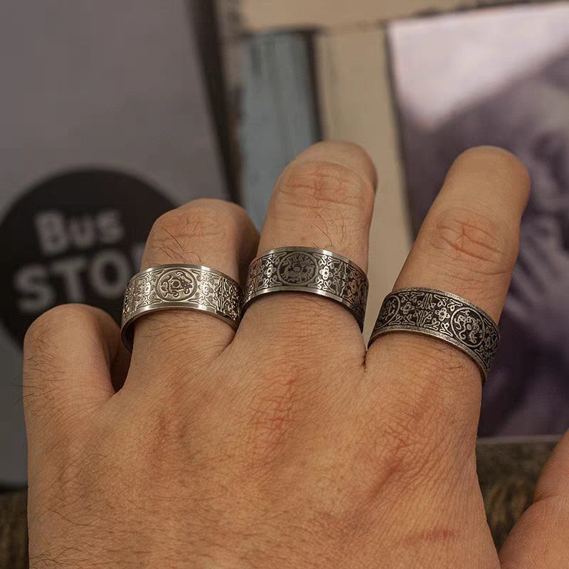 Kemstone Men’s Stainless Steel Wide Band Ring – Vintage Four Guardian Beasts Totem NW-JZ092