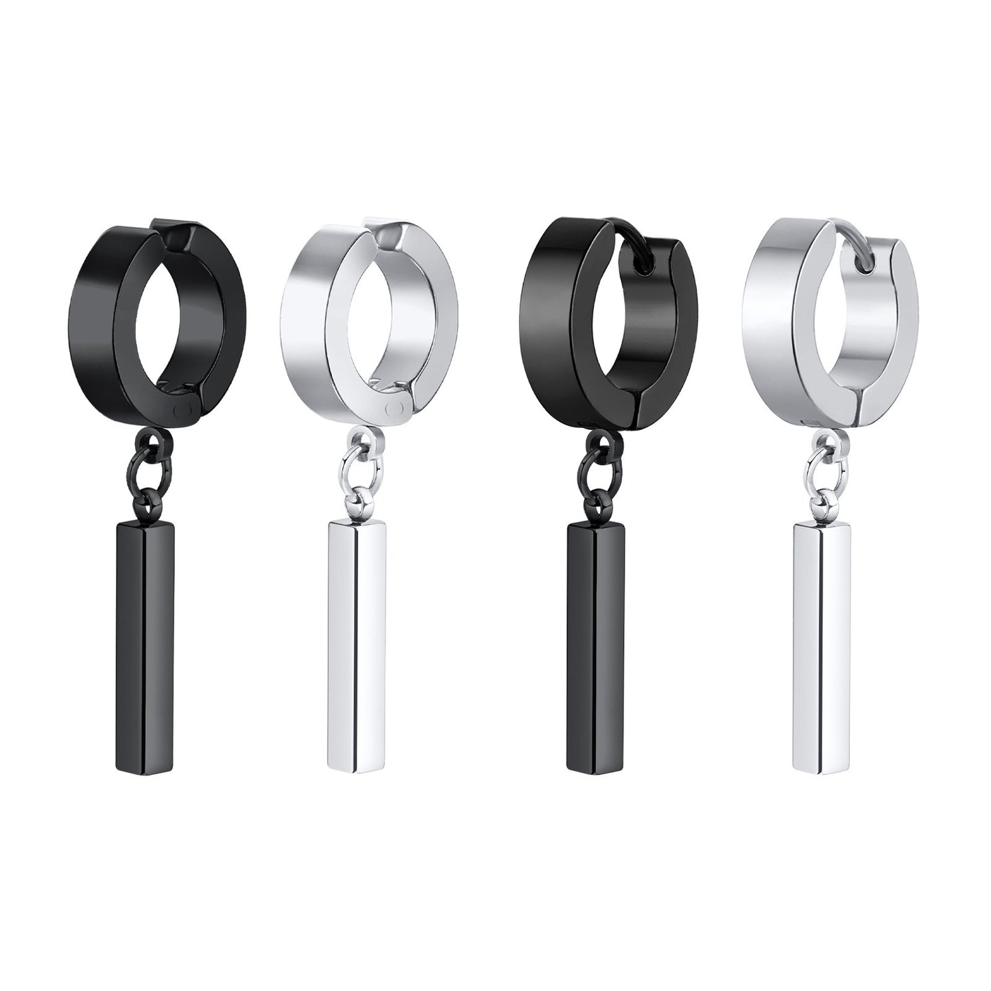 Kemstone Men's Geometric Bar Drop Earrings – Stainless Steel Hoop & Clip-On, Gothic Punk Street Style in Black & Silver ED-659