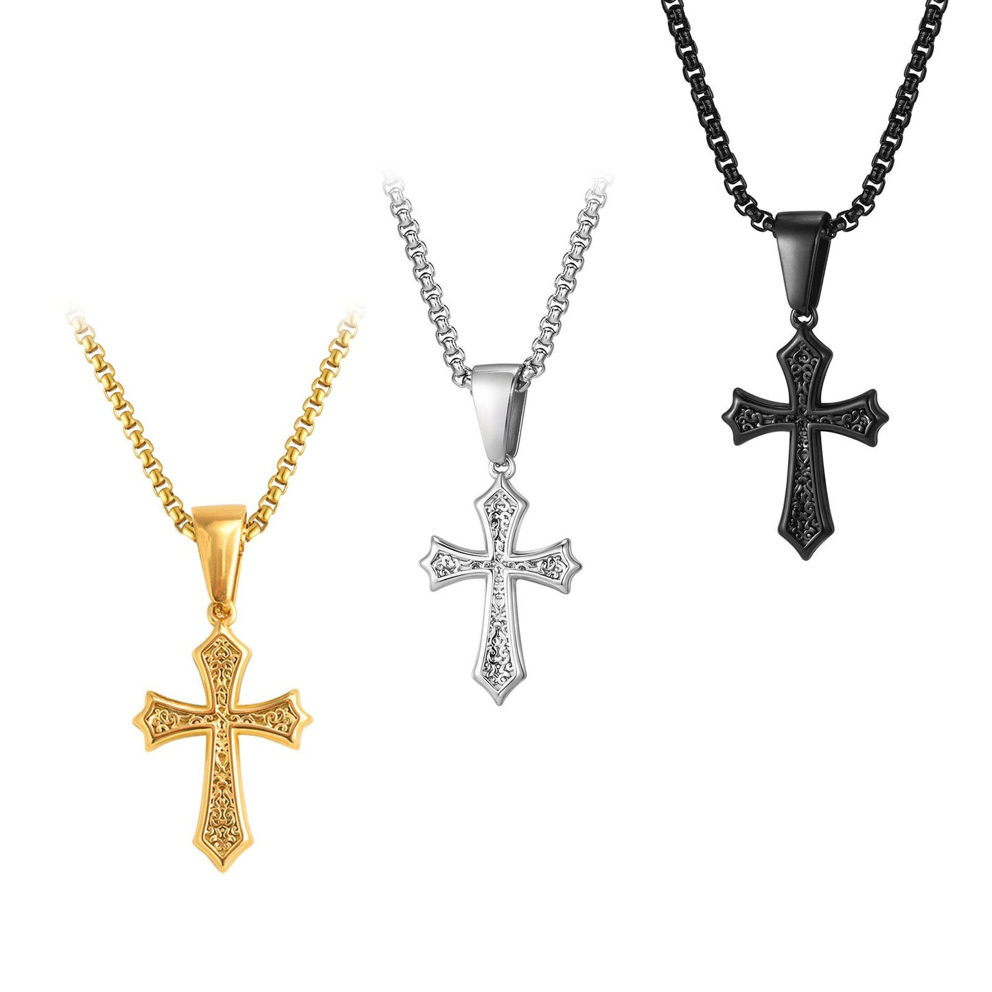Kemstone Men’s Gothic Cross Necklace – Stainless Steel Pendant in Black, Silver, or Gold, Symbol of Faith & Power PN-2012