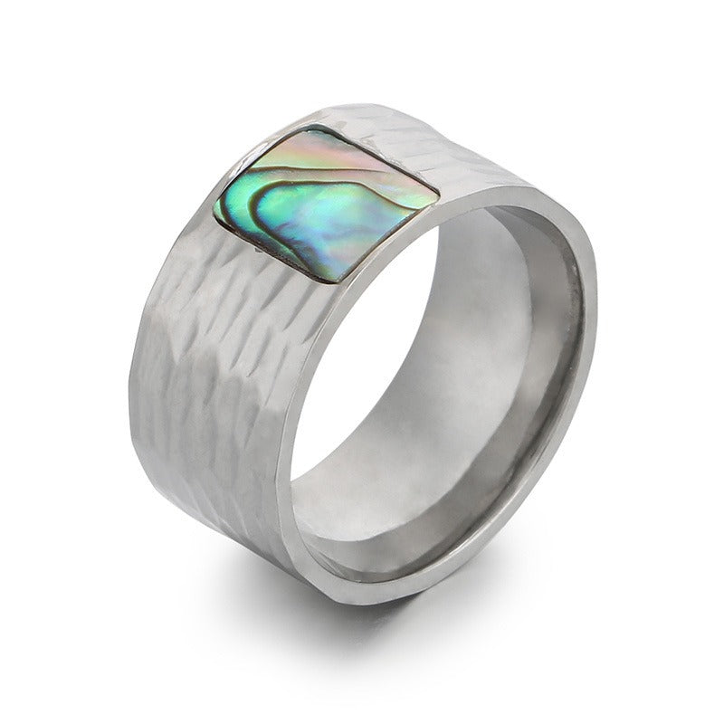 Kemstone Men’s Abalone Shell Ring – Hand-Hammered Stainless Steel Band KR110050