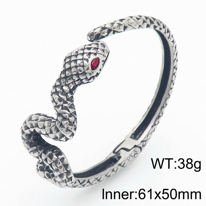 Kemstone Men’s Snake Bracelet – Punk Gothic Stainless Steel Cuff with Red/Green Eyes Norse-Inspired KB148287