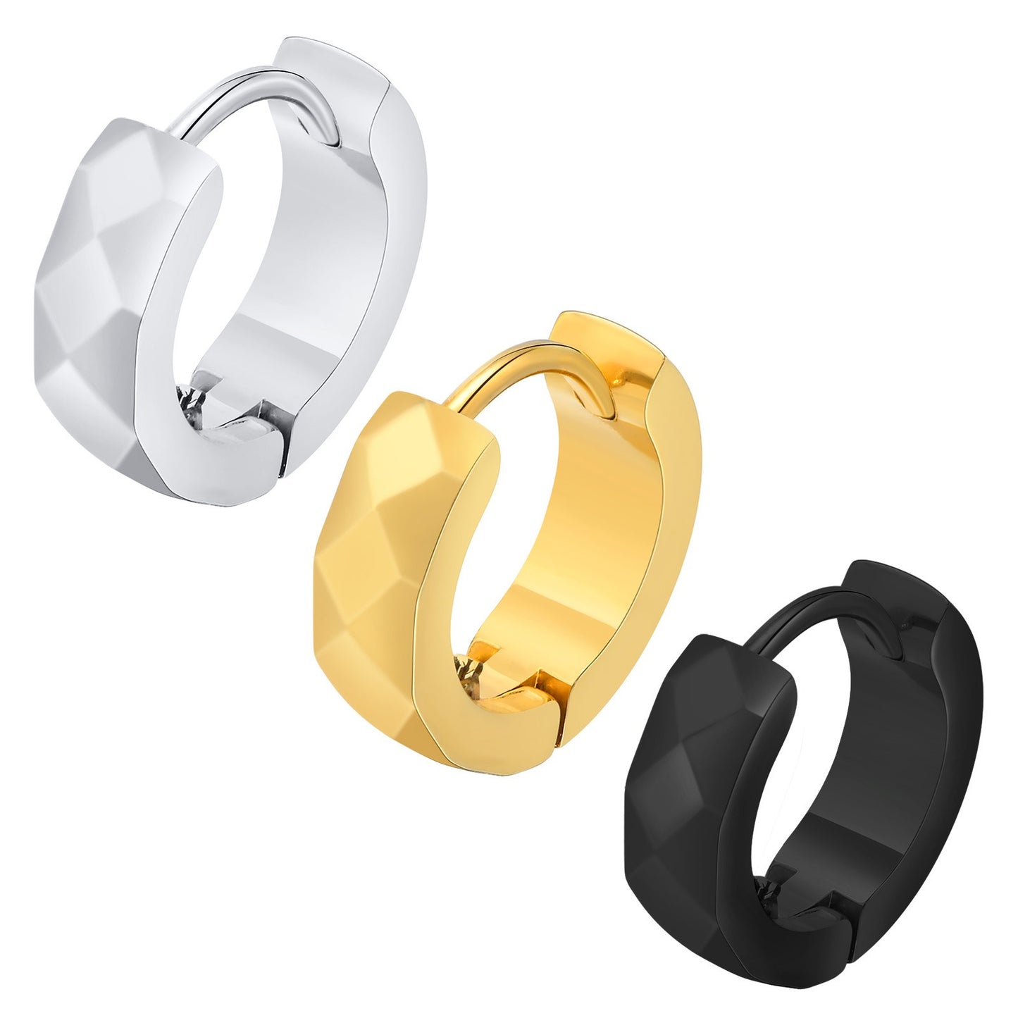 Kemstone Men’s Stainless Steel Hoop Earring – Faceted Punk Style in Black, Silver, Gold EH-552