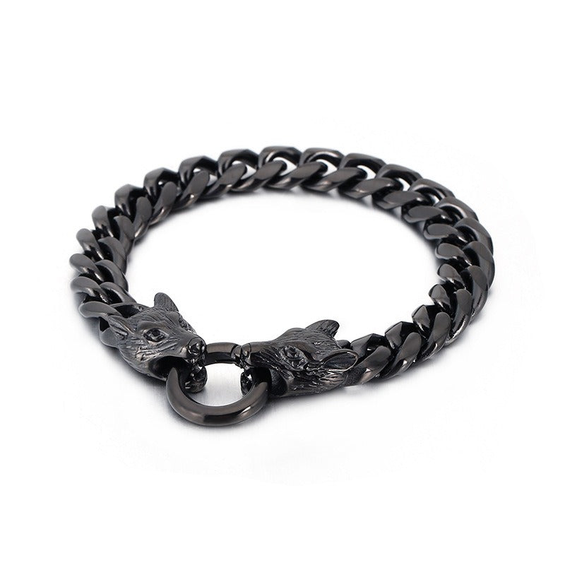 Set di catene in acciaio da uomo Kemstone - Bracciale e collana con testa di lupo per stile punk KB133023