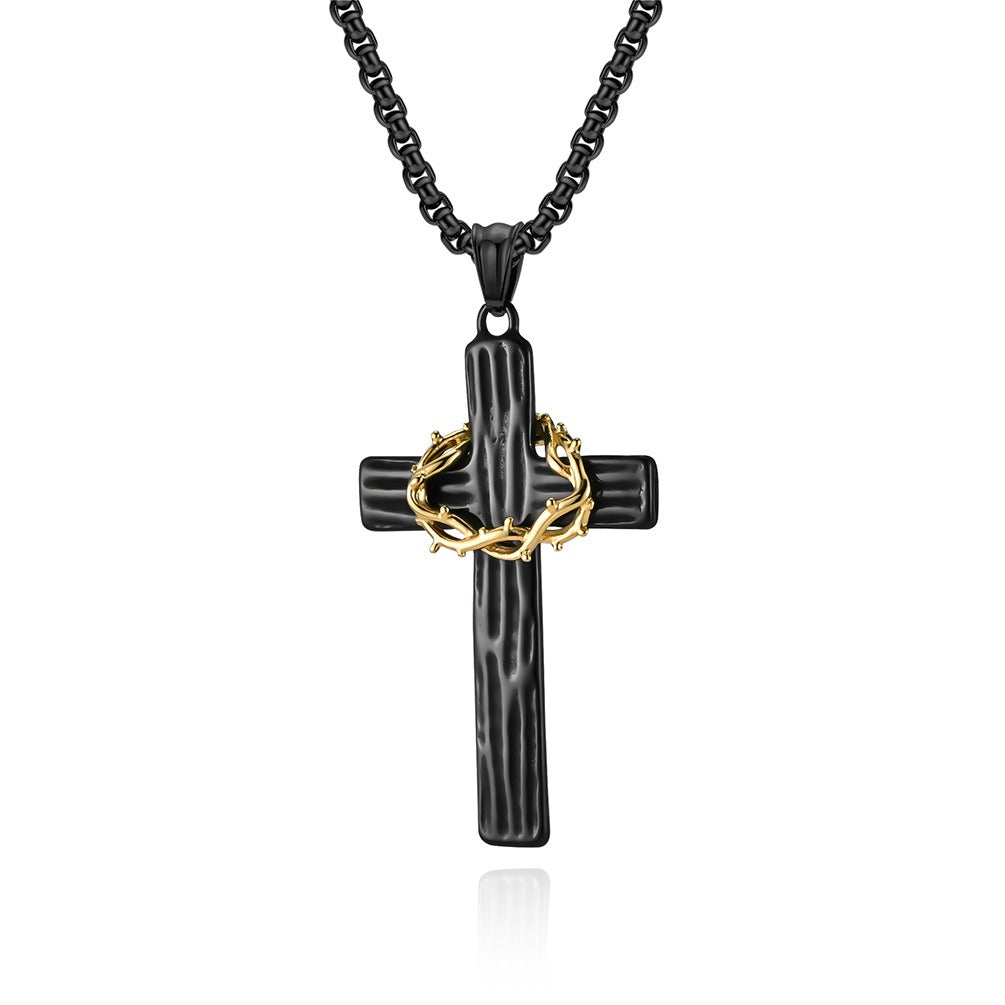 Kemstone Men’s Titanium Steel Cross Necklace – Vintage Wreath Pendant K-PT530