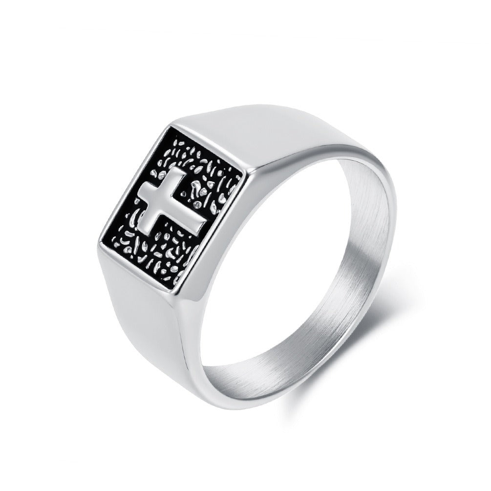 Kemstone Men’s Titanium Steel Cross Signet Ring – Silver, Gold, Black K-R1047