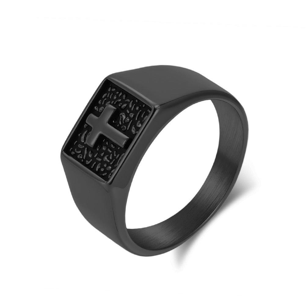 Kemstone Men’s Titanium Steel Cross Signet Ring – Silver, Gold, Black K-R1047