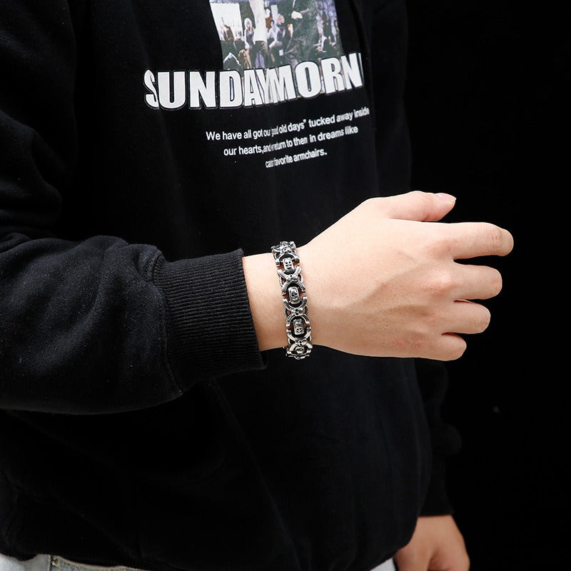 Kemstone Vintage Skull Link Bracelet for Men – Titanium Steel Heavy Chain, Antique Finish KB125372-BDJX