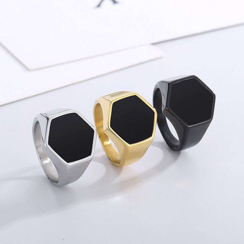 Kemstone Men’s Hexagon Signet Ring – Stainless Steel Black Epoxy Resin Inlay | Gothic Minimalist Jewelry KR105856-KFC