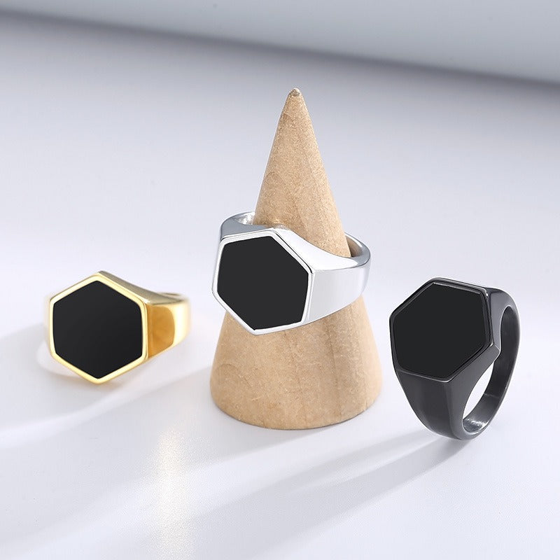 Kemstone Men’s Hexagon Signet Ring – Stainless Steel Black Epoxy Resin Inlay | Gothic Minimalist Jewelry KR105856-KFC
