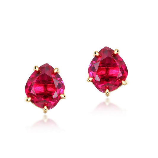 Pendientes de botón de rubí cultivado en laboratorio, geométricos minimalistas, de diseño original, hechos a mano por Kemstone. Joyería de plata de ley S925 bañada en oro de 10 quilates para mujer.