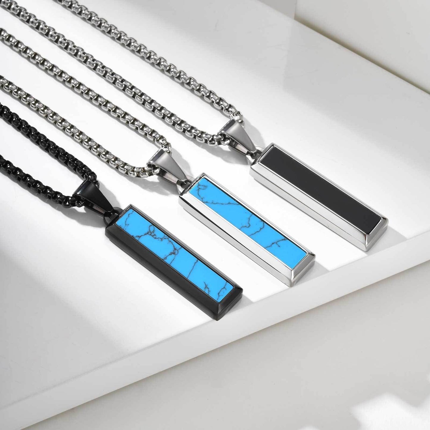 Kemstone Stainless Steel Geometric Bar Pendant Necklace for Men with Onyx or Turquoise PN-2221
