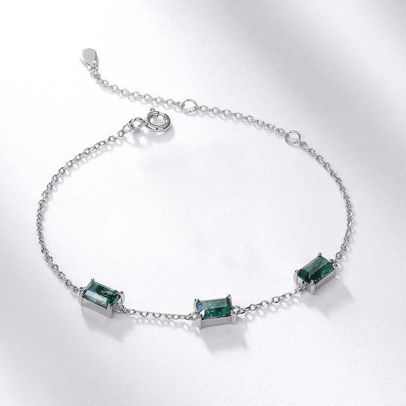Pulsera de ágata musgosa de diseño original, hecha a mano por Kemstone - Diseño geométrico, plata de ley S925, chapada en oro blanco