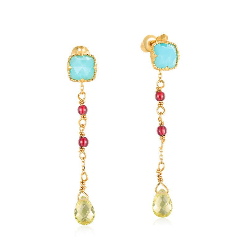 Pendientes minimalistas de peridoto con borlas, diseño original, hechos a mano por Kemstone para mujer - Plata S925 con baño de oro de 10 quilates