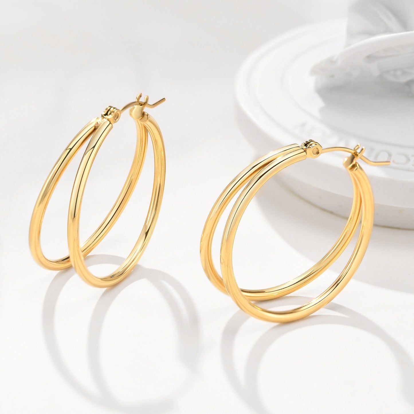 Aros dorados de doble tubo Kemstone de 32 mm, acero inoxidable ligero para mujer EH-339